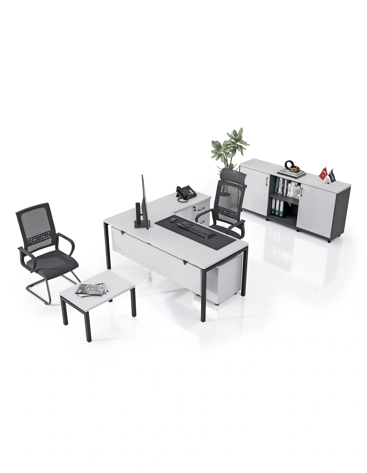 kale-ofis-ferro-ofis-masa-takimi-06-renk-gorunumu Ferro Beyaz masa, dolap, çekmeceli etajer ve sehpa