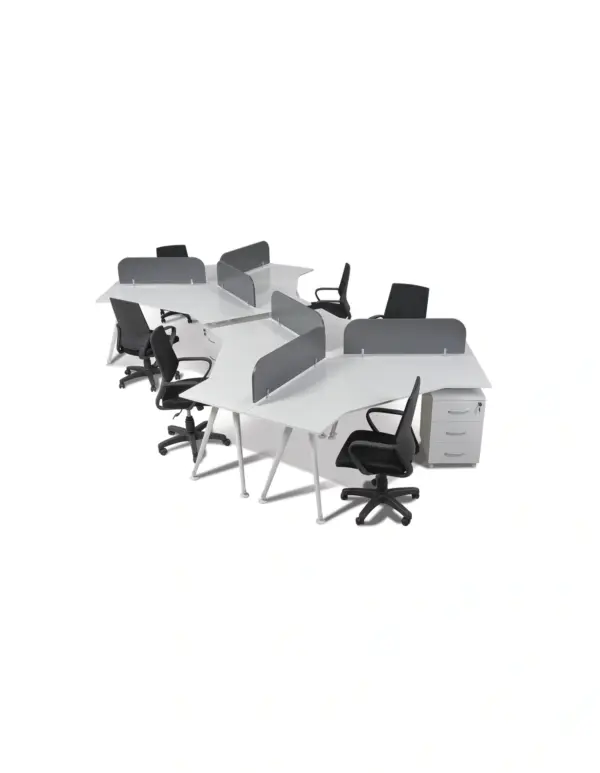 Inter Work 1 altılı workstation; beyaz çalışma yüzeyleri, gri paneller ve yüksek kesonlar