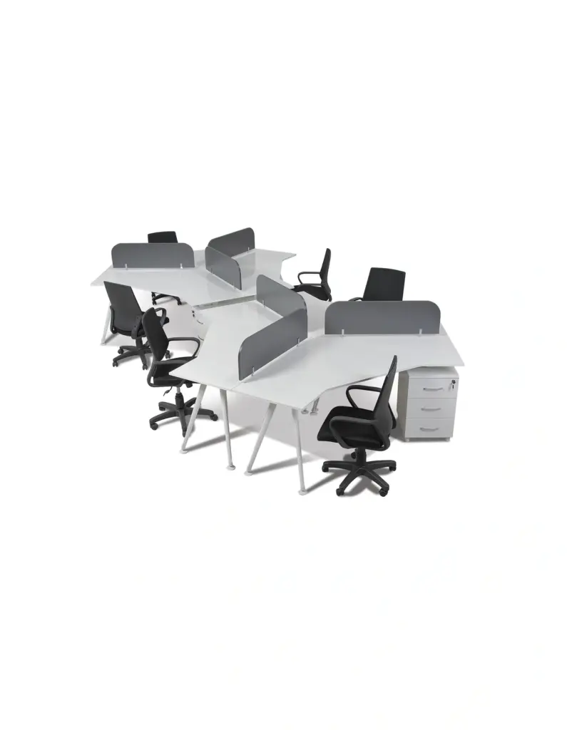 Inter Work 1 altılı workstation; beyaz çalışma yüzeyleri, gri paneller ve yüksek kesonlar