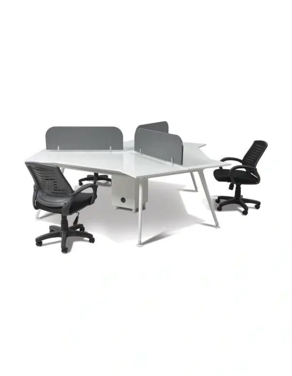 Inter Work 2 beyaz gri üçlü workstation; üç yöne açılan çalışma düzeni