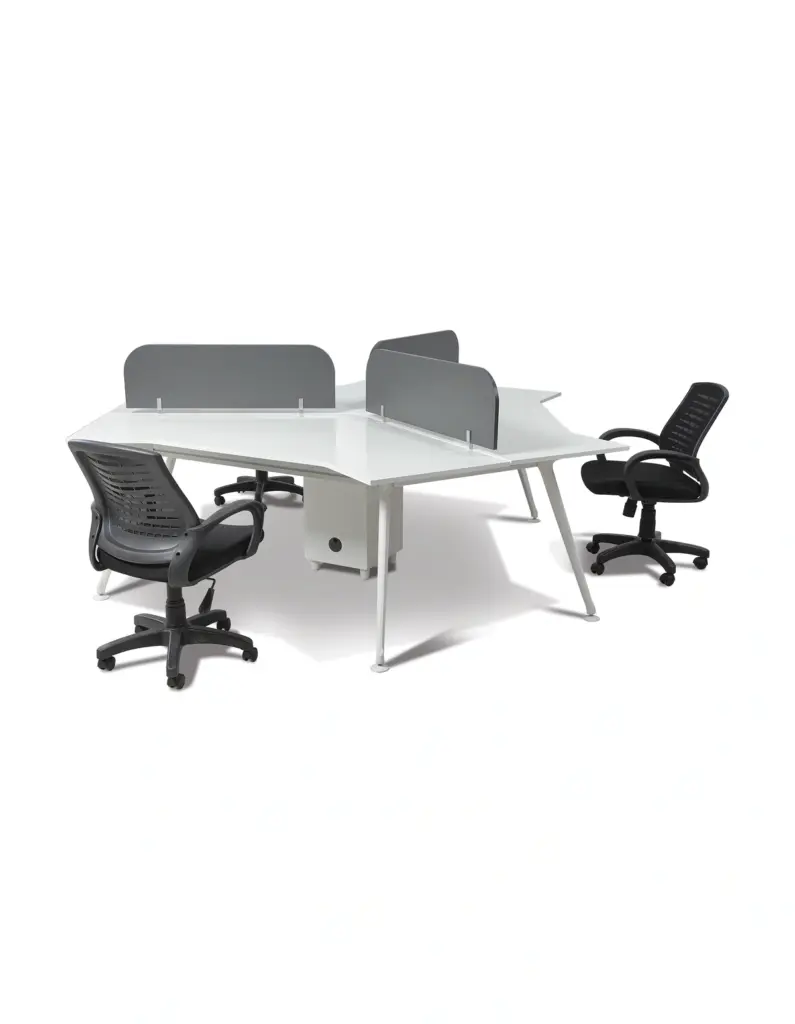 Inter Work 2 beyaz gri üçlü workstation; üç yöne açılan çalışma düzeni