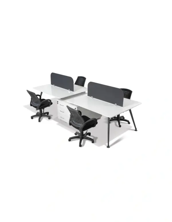 Inter Work 3 beyaz antrasit dörtlü workstation; karşılıklı çalışma alanları ve yüksek kesonlar