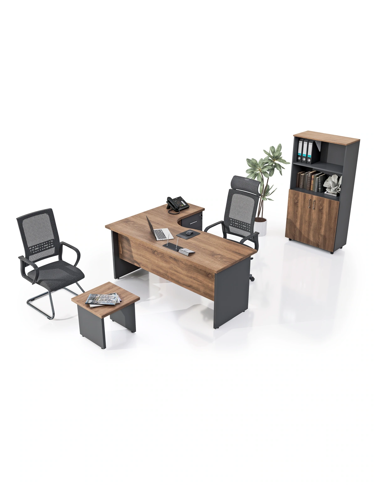 kale-ofis-micro-yonetici-takimi-05-renk-gorunumu Micro Kafkas Meşe Antrasit Gri masa, yüksek dolap ve kare sehpa